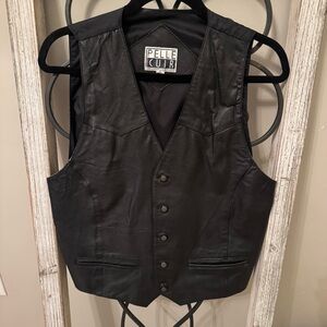 Pelle Cuir Black Leather Vest XL Button Front Western Dress Waistcoat